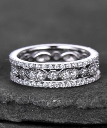 Sterling silver ring SET/Cubic Zirconia wedding band/CZ wedding ring/stack ring/3PCS Matching band/Full eternity ring/White gold plated