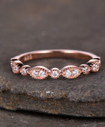 Sterling silver ring/Cubic Zirconia wedding band/CZ wedding ring/stack ring/Art Deco Matching band/Half eternity ring/Rose gold plated