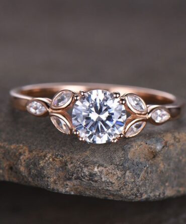 Sterling silver ring/Round cut Cubic Zirconia engagement ring/CZ wedding ring/Three flower marquise/promise ring/Xmas gift/Rose gold plated