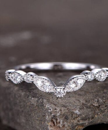 Sterling silver ring/Cubic Zirconia wedding band/CZ wedding ring/stackable ring/Matching band/marquise band/Curved Sharp V shape gap ring