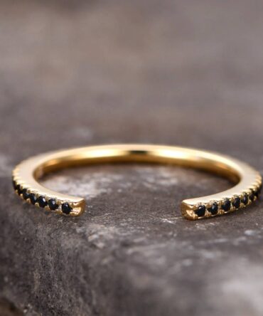 Black diamond wedding band,black CZ ring,Stacking Ring,Unique open band,matching band,Eternity band,yellow gold plated,in sterling silver