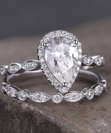 Pear shaped  silver ring set/Cubic Zirconia wedding band/CZ Engagement ring/stack ring/2PC Matching Ring/Marquise band/White gold plated