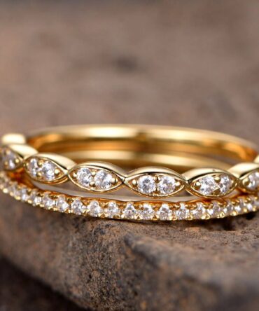 Art deco wedding band/Silver CZ wedding band/Diamond eternity band/stacking rings/2PCS Matching band/Half eternity/Yellow gold plated