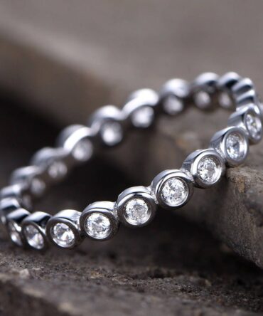 Bezel set Diamond Eternity Band Sterling Silver CZ Wedding Ring Bubble Stackable Ring Matching Band Full Eternity White Gold Plated
