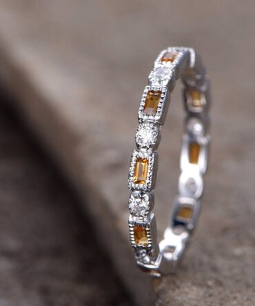 Citrine Wedding Ring CZ Diamond Eternity Band November Birthstone Art Deco Unique Wedding Band White Gold plated Stacking Matching Band