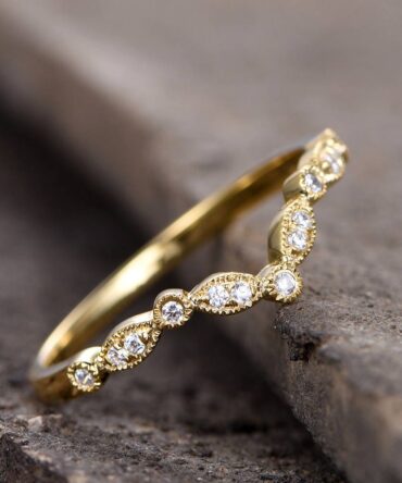 V Ring Curve Wedding Band Art Deco Ring Chevron Diamond Ring Sterling Silver CZ Wedding Ring Yellow Gold Plated Stackable Matching Band