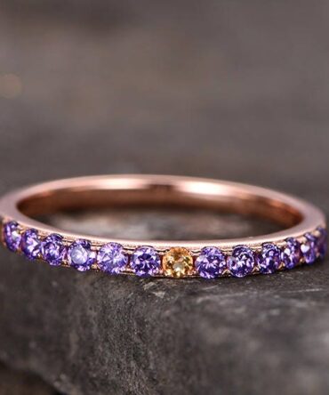 Natural Citrine & Amethyst Sterling silver ring/Bridal wedding ring/stackable ring/Engagement Matching band/Rose gold plated/Half Eternity