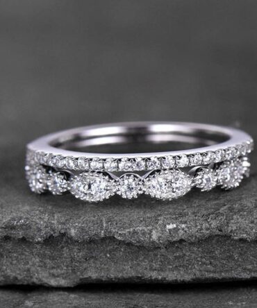 Sterling silver ring SET/Cubic Zirconia wedding band/CZ wedding ring/stack ring/2PCS Matching band/Half eternity ring/White gold plated