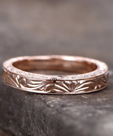 Vintage Filigree Wedding Band Stacking RingMilgrain Floral Design Rose Gold Plated Sterling Silver Anniversary Ring