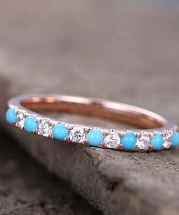 Tiny Turquoise Ring/Turquoise wedding ring/CZ Diamond Eternity band/Half eternity/Sterling silver/Rose gold plated/Anniversary/Matching band