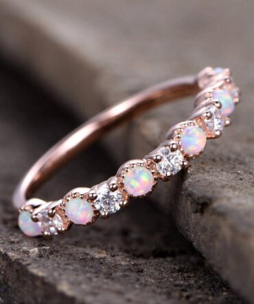 Opal Wedding Ring/Opal ring/Opal Wedding Band/Rose Gold Plated/Sterling Silver/CZ Diamond Enternity band/Vintage Opal Diamond Ring/
