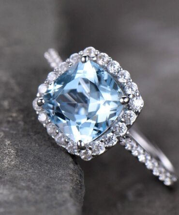 Blue Topaz Engagement Ring 8mm Cushion Cut Blue Gemstone Promise Ring CZ Pave Set 925 Sterling Silver Bridal Ring White Gold Plated