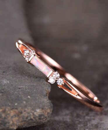 Opal Wedding Band Opal Wedding Ring with CZ Diamonds Ring Art Deco design Baguette Cut Ring 925 Sterling Silver Rose Gold Plated