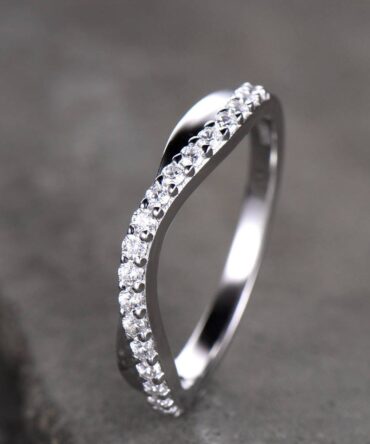 Curve Wedding Band Plain White Gold Band Unique Wedding Ring Chevron Ring CZ Man Made Diamond Eternity Band 925 Sterling Silver Ring