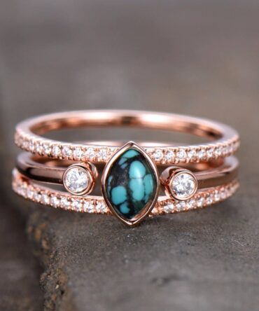 Turquoise Ring Sterling Silver Vintage Turquoise Wedding Ring Set 4x6mm Marquise December Birthstone Unique CZ Diamond Band Rose Gold Plate