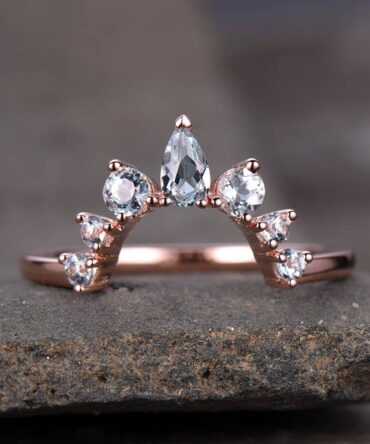 Crown Wedding Band Aquamarine Wedding Band Curve Wedding Ring Stacking Ring Chevron Ring Rose Gold Plated Sterling Silver Anniversary Ring