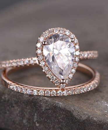Pear Cut Engagement Ring 6x8mm CZ Wedding Ring Set Man Made Diamond Eternity Wedding Band Sterling Silver Bridal Set Rose Gold Plated 2PCS