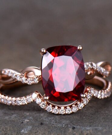 Infinity Garnet Engagement Ring Curve Wedding Band 8x10mm Cushion Cut Red Gemstone Promise Ring Rose Gold Plated Sterling Silver Bridal Set