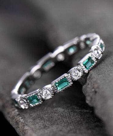 Emerald Wedding Band Art Deo Ring Eternity Baguette Emerald Wedding Band Anniversary Ring Sterling Silver Matching Band Milgrain