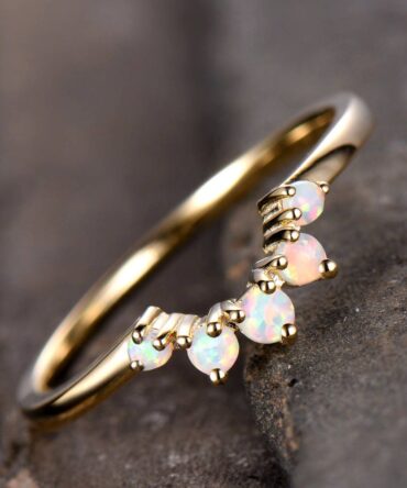 Opal Crown Wedding Band Curve Wedding Ring Stackable Matching Band Chevron Ring Yellow Gold Plated Sterling Silver Anniversary Ring