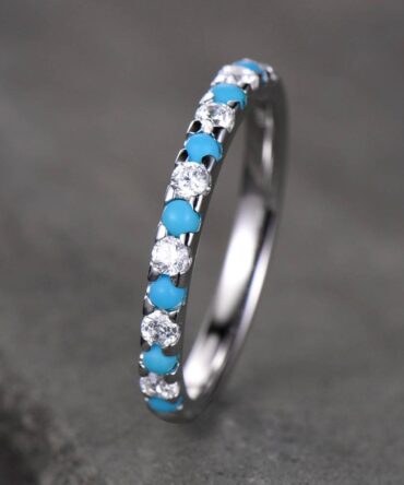 Turquoise Ring Half Eternity Wedding Band CZ Diamond Eternity Band Sterling Silver Anniversary Ring White Gold Plated Matching Band