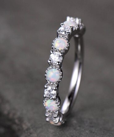 Opal Wedding Band Opal Ring White Gold Plated Sterling Silver CZ Diamond Enternity Band Anniversary Ring Matching Band