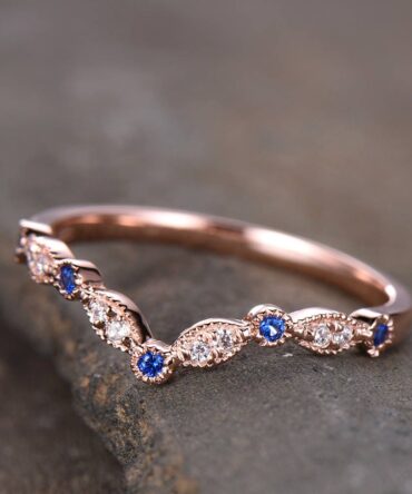 Curve Wedding Ring Art Deco Wedding Band Blue Sappire Band CZ V Ring Stacking Matching Band Silver Rose Gold Plated Milgrain Marquise Ring