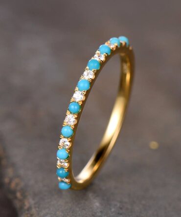 Turquoise Wedding Band Turquoise with CZ Diamonds Ring Thin Eternity Band Yellow Gold Plated Sterling Silver Anniversary Ring