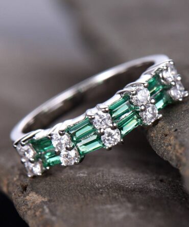 Emerald Wedding Band Stacking Ring Emerald Ring Vintage Wedding Ring Set CZ Half Eternity Anniversary Ring Silver White Gold Plated