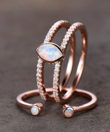 Opal Wedding Ring Set Opal Ring Split Shank Engagment Ring Rose Gold Plated Unique Opal Wedding Band Bezel Set Silver Bridal Ring Set