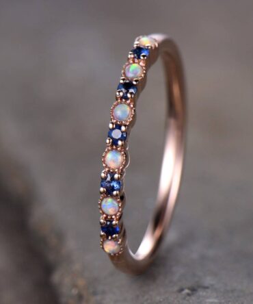 Opal Wedding Ring Opal Sapphire Wedding Band Half Eternity Matching Band Rose Gold Plated Sterling Silver 10K/14K Rose Gold Anniversary Ring