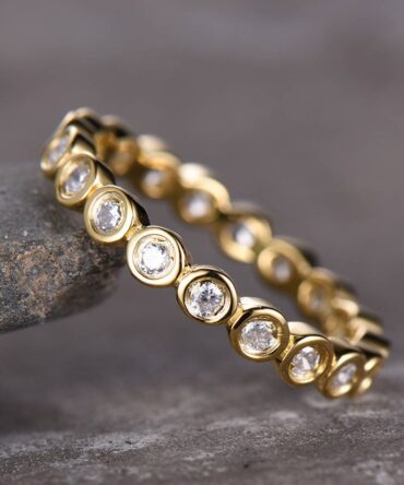 CZ Diamond Eternity Band Bezel Set Ring Bubble Stacking Ring Wedding Band Sterling Silver Matching Band Yellow Gold Plated Anniversary Ring