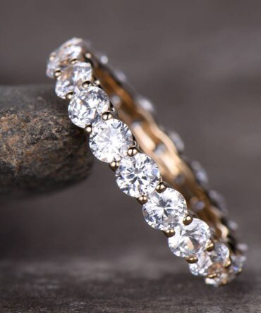 CZ Diamond Wedding Band Full Eternity Matching Band Stackable Anniversary Ring 3mm Round Cut Gemstone Sterling Silver Yellow Gold Plated