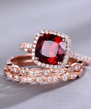 Garnet Ring Set 8mm Cushion Cut Garnet Engagement Ring Rose Gold Plated Art Deco Wedding Band Matching Band Sterling Silver Wedding Ring Set
