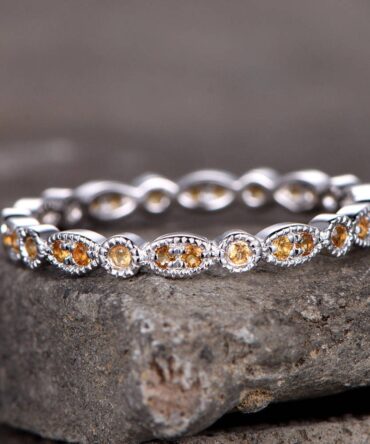 Eternity band Citrine Wedding ring Sterling silver ring for women Art Deco Style Dainty stackable ring Matching band White gold ring