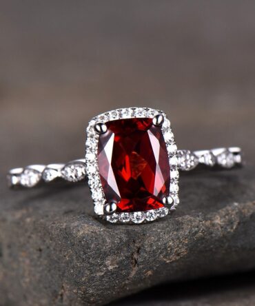 Red Garnet Ring Cushion Cut Ring Garnet Engagement Ring White Gold Plated Sterling Silver Red Gemstone Ring