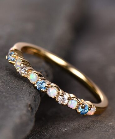 Opal Wedding Band/White Opal Ring/Blue Topaz Ring/Silver Ring Band/Yellow Gold Plated/Opal Jewelry