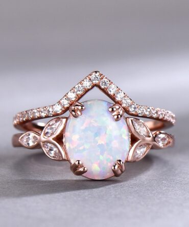 Opal Wedding Ring Set Opal Ring White Fire Opal Floral Engagment Ring Rose Gold Plated Unique Curve Wedding Band Silver Bridal Ring Set