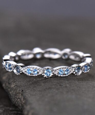 Topaz Wedding Ring,Blue Topaz Wedding Band,Art Deco Band,Natural Blue Topaz,Matching band,Bridal Ring Marquise Ring,Milgrain,Sterling Silver