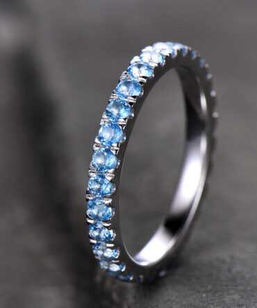 Eternity Band Blue Topaz Wedding Band Topaz Ring Aniversary Ring Sterling Silver Stacking Ring White Gold Plated