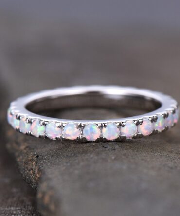 Opal Ring,Opal Wedding Band,Eternity Band,Opal Stacking Ring,Matching Band,Promise Ring,Anniversary,Gift for Women,White Gold,October Ring
