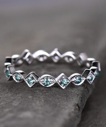 Art Deco Wedding Band Alexandrite Ring Aniversary Ring Sterling Silver Eternity Band Stacking Ring June Birthstone White Gold Plated