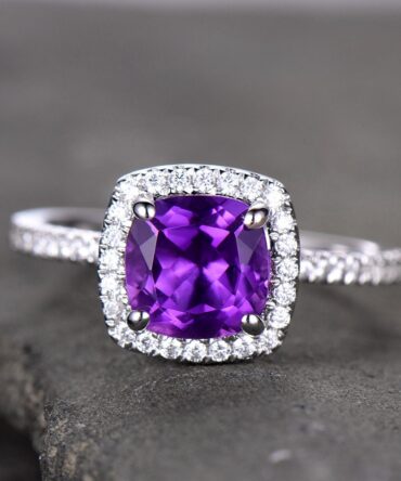 Amethyst Engagement Ring 6.5mm Cushion Cut Purple Amethyst Diamond Simulant Wedding Band Promise Anniversary Ring