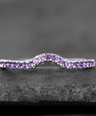 Sterling Silver Rings Amethyst Wedding Band Half Eternity Curved Ring White Gold Plated Anniversary Gift