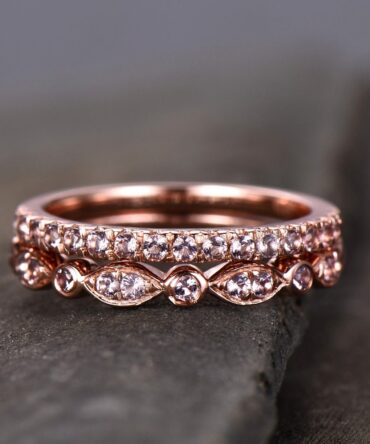 Morganite Wedding Ring Set,Wedding Ring,Morganite Wedding Band,Half Eternity Morganite Wedding Band, Silver Rose Gold Plated,Stacking Ring