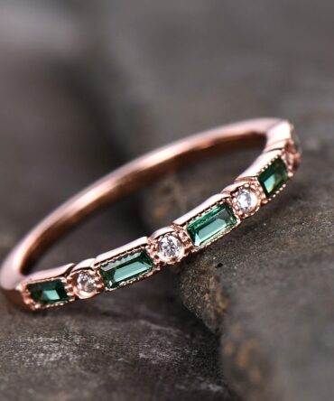 Emerald Wedding Band Half Eternity Band Art Deco Stacking Wedding Ring Anniversary Ring Sterling Silver Rose Gold Plated Milgrain