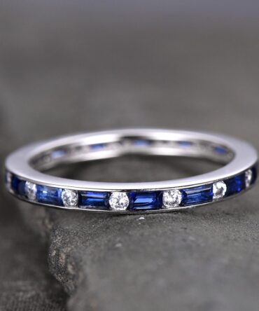 Sapphire Ring Baguette Cut Blue Sapphire And Diamond Simulant Wedding Band Full Eternity Sterling Silver Anniversary stacking rings