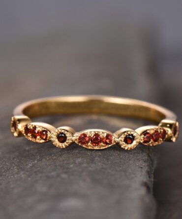 Red Garnet Wedding Band Art Deco Half Eternity Ring Sterling Silver Vintage Matching Band Milgrain Anniversary Gift