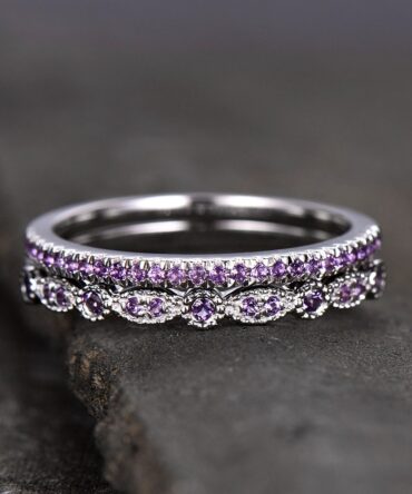 Unique Sterling Silver Ring Amethyst Wedding Ring Set Art Deco Wedding Band Half Eternity Matching Band Anniversary Gift February Birthstone