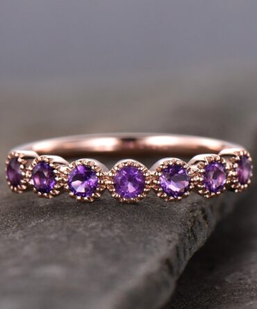 Art Deco Sterling Silver Ring Amethyst Wedding Band Half Eternity Ring February Birthstone Stackable Ring Matching Band Anniversary Gift
